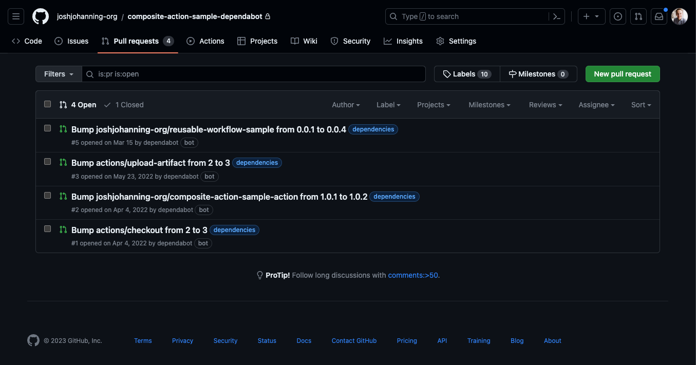 Dependabot created pull requests for both marketplace and private custom actions