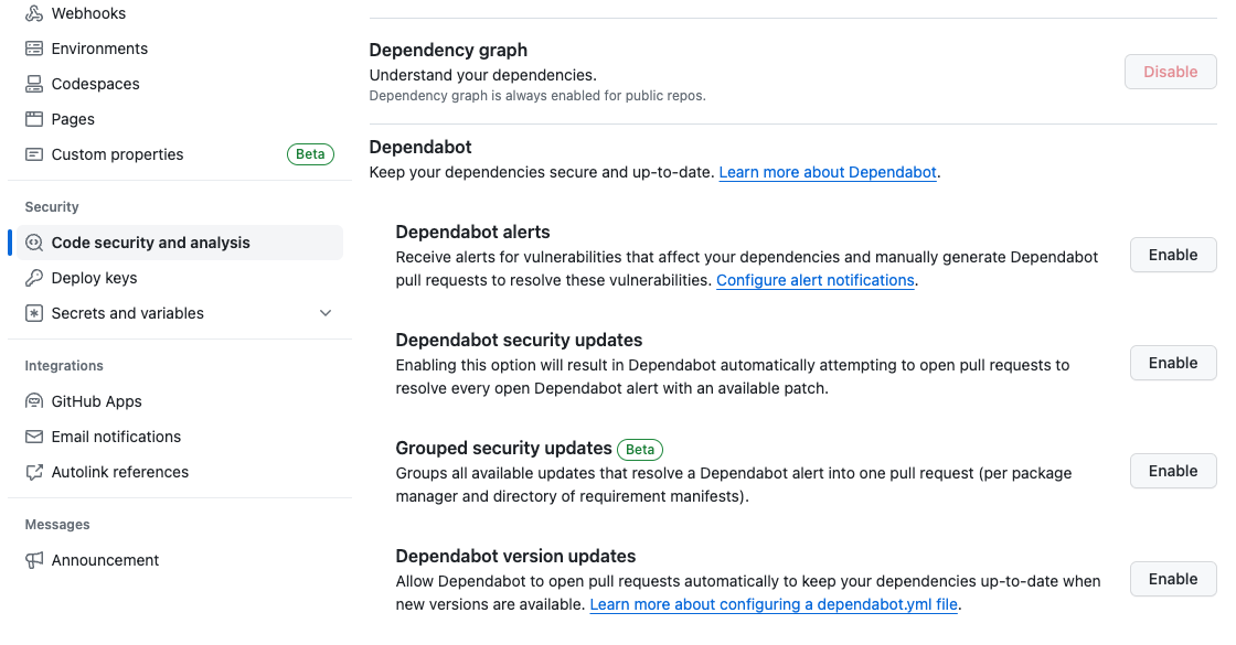 Dependabot configuration for a repository